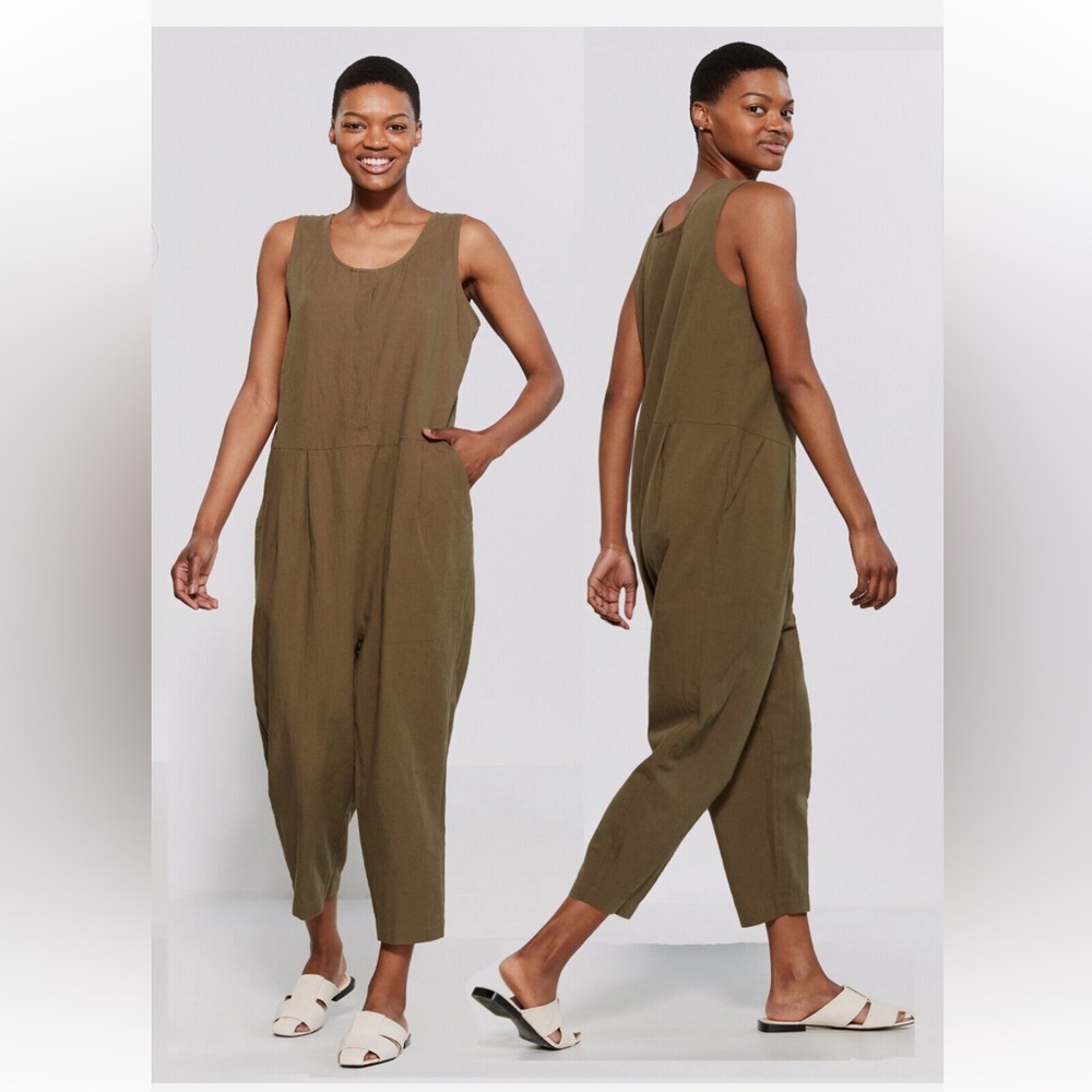 Eileen Fisher Olive Organic Cotton Crepe Jumpsuit W/ Pockets